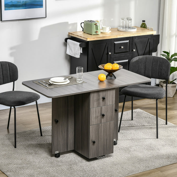 Rolling Drop Leaf Dining Table for 4-6 - Extendable Design with Storage Drawers, Cabinet & Open Shelf - Space-Saving Kitchen Table on Wheels for Small Spaces