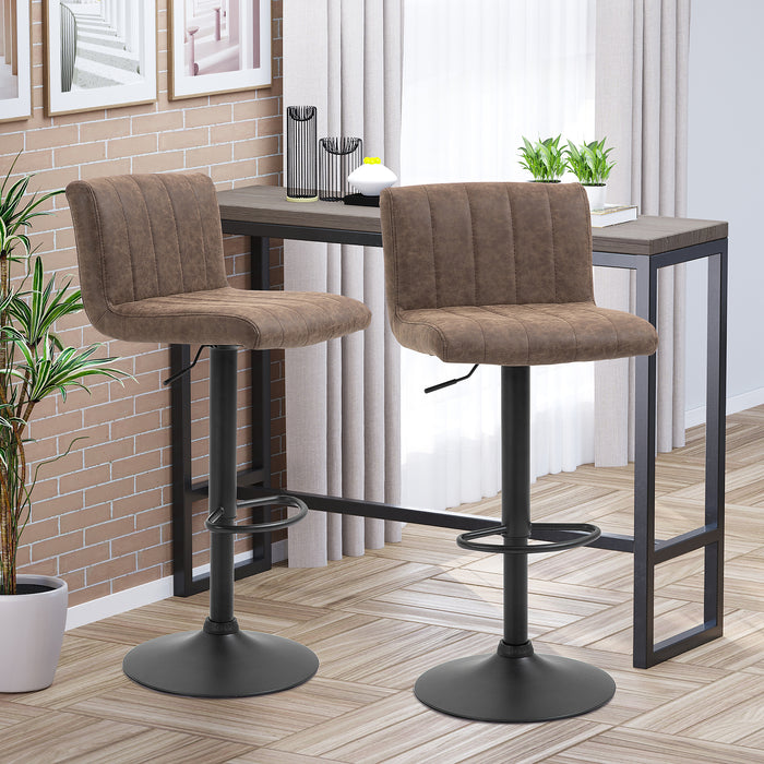 Adjustable Height Swivel Gas Lift Barstools - Set of 2, PU Leather, Footrest, Brown - Ideal for Home Bar or Kitchen Counter Seating