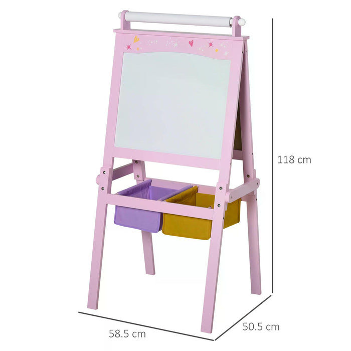 3-in-1 Kids Wooden Art Easel with Paper Roll - Double-Sided Chalkboard & Whiteboard, Storage Baskets - Creative Learning Tool for Toddler Girls 3 Years+ in Pink