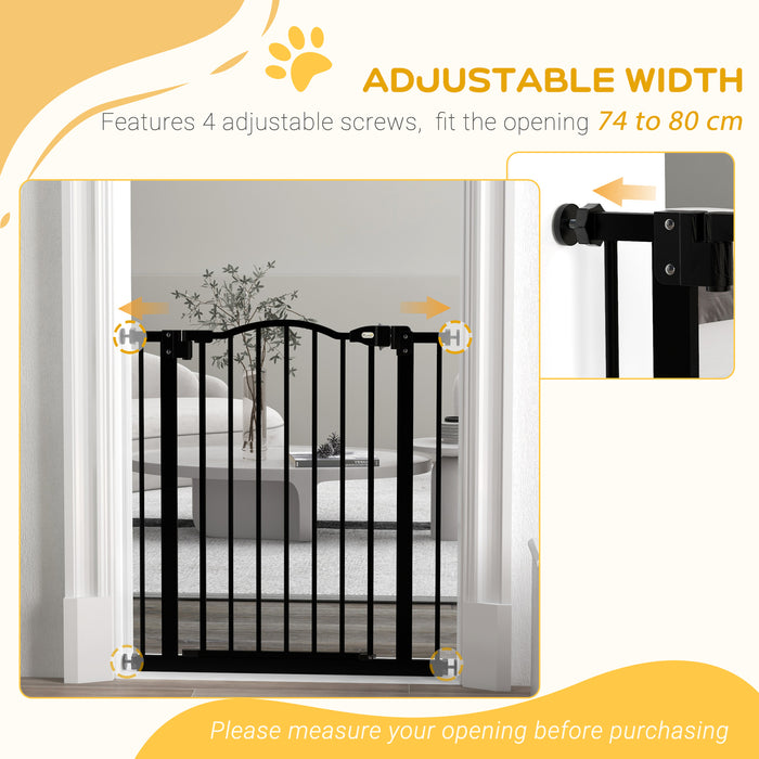 Adjustable Metal Pet Gate 74-80cm - Auto-Close Safety Barrier with Door in Black - Ideal for Dogs & Home Protection