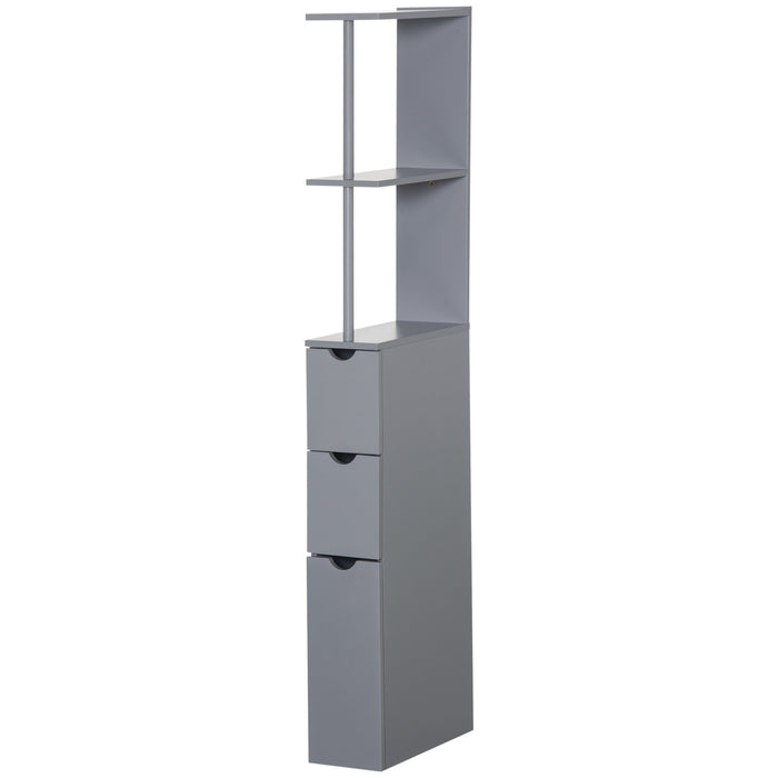 Freestanding Tall Bathroom Cabinet with 2-Tier Shelf and Drawers - Narrow Grey Cupboard Storage Unit - Space-Saving Organizer for Restroom or Laundry Room