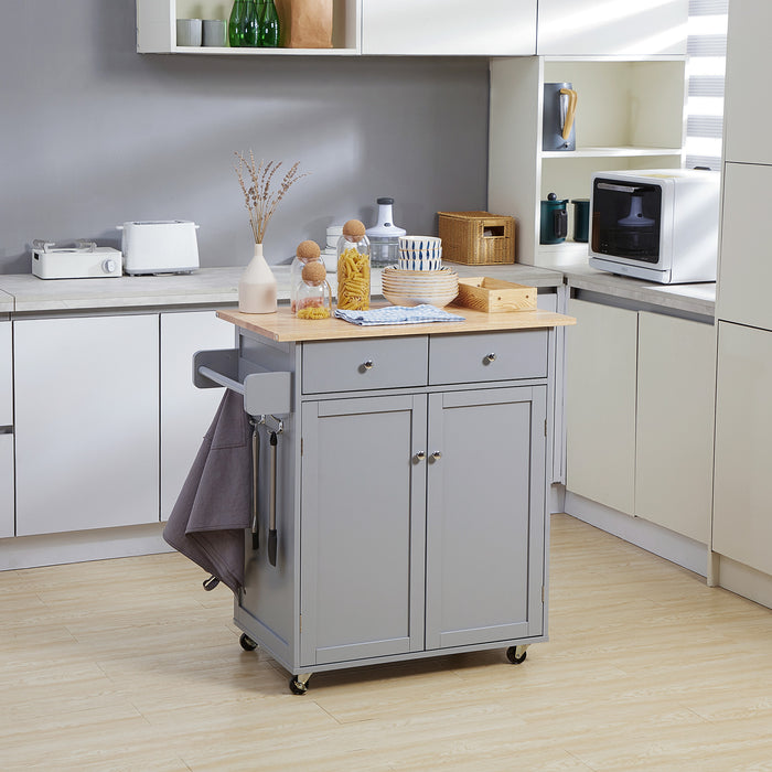 Rolling Kitchen Island Cart with Rubberwood Top - Multi-Purpose Utility Cart with Towel Rack, Hooks & Storage Drawers - Space-Saving Mobile Serving Station for Home Chefs & Entertainers