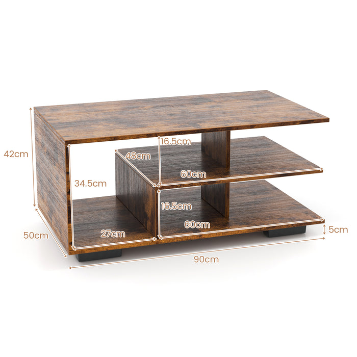 3-Tier Rectangular Coffee Table - L-Shaped Middle Shelf in White - Ideal Center Table for Living Rooms and Lounges