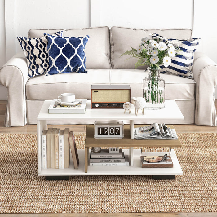 3-Tier Rectangular Coffee Table - L-Shaped Middle Shelf in White - Ideal Center Table for Living Rooms and Lounges