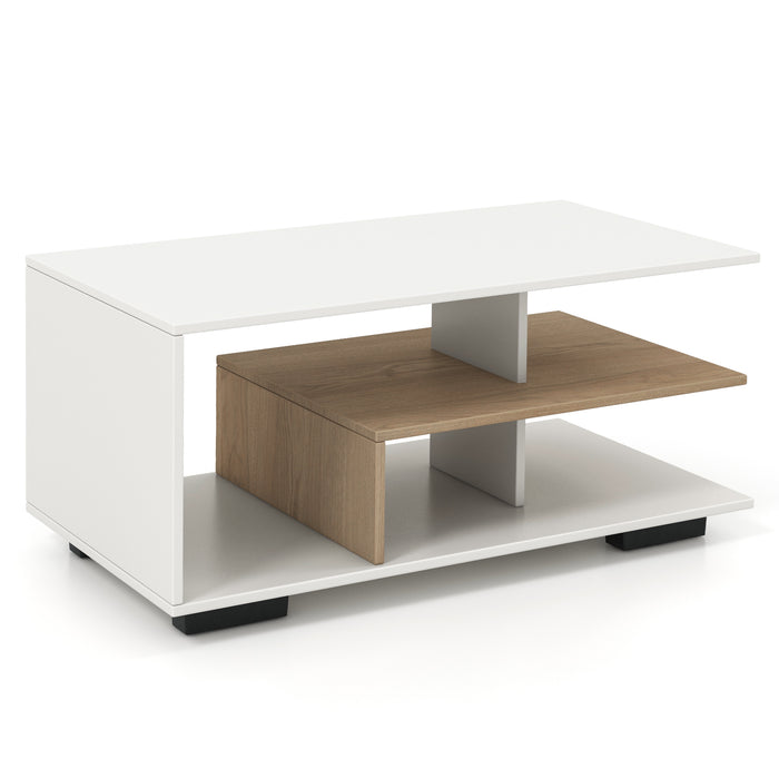 3-Tier Rectangular Coffee Table - L-Shaped Middle Shelf in White - Ideal Center Table for Living Rooms and Lounges