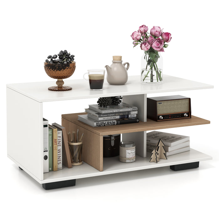 3-Tier Rectangular Coffee Table - L-Shaped Middle Shelf in White - Ideal Center Table for Living Rooms and Lounges