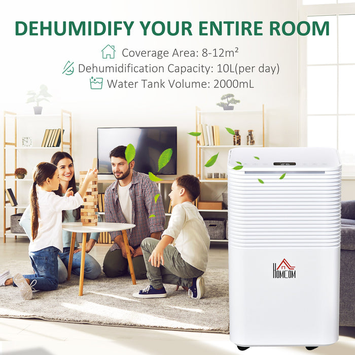 2000ML Compact Dehumidifier - 10L/Day Quiet Operation for Laundry, Bedroom & Basement - Electric Air Moisture Removal with 3 Modes