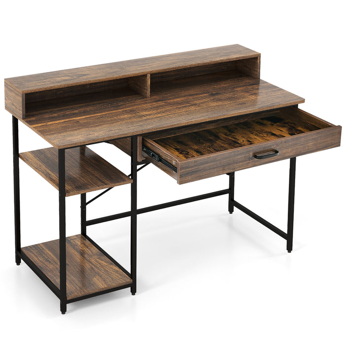 Workstation with Monitor Stand and Drawer - Spacious Computer Desk with Elevated Shelf - Ideal Solution for Home Office Organization