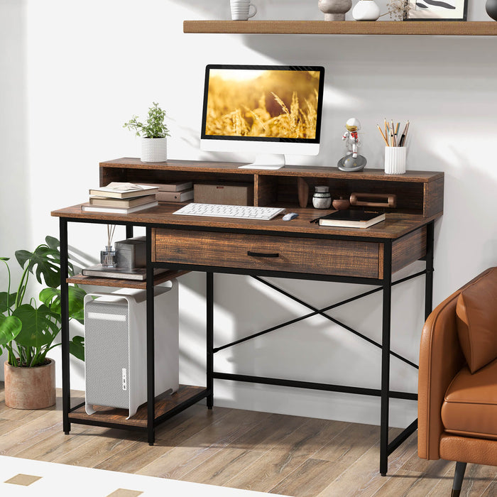 Workstation with Monitor Stand and Drawer - Spacious Computer Desk with Elevated Shelf - Ideal Solution for Home Office Organization