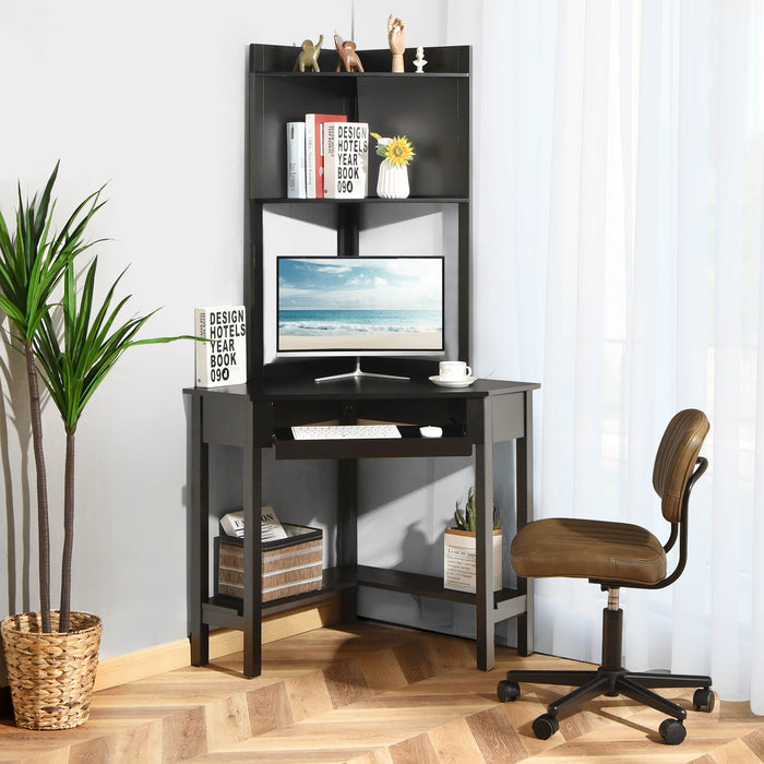 Corner Desk Co. Model 101 - Black Computer Desk with Hutch and Storage Shelves - Ideal for Home Office and Space Management