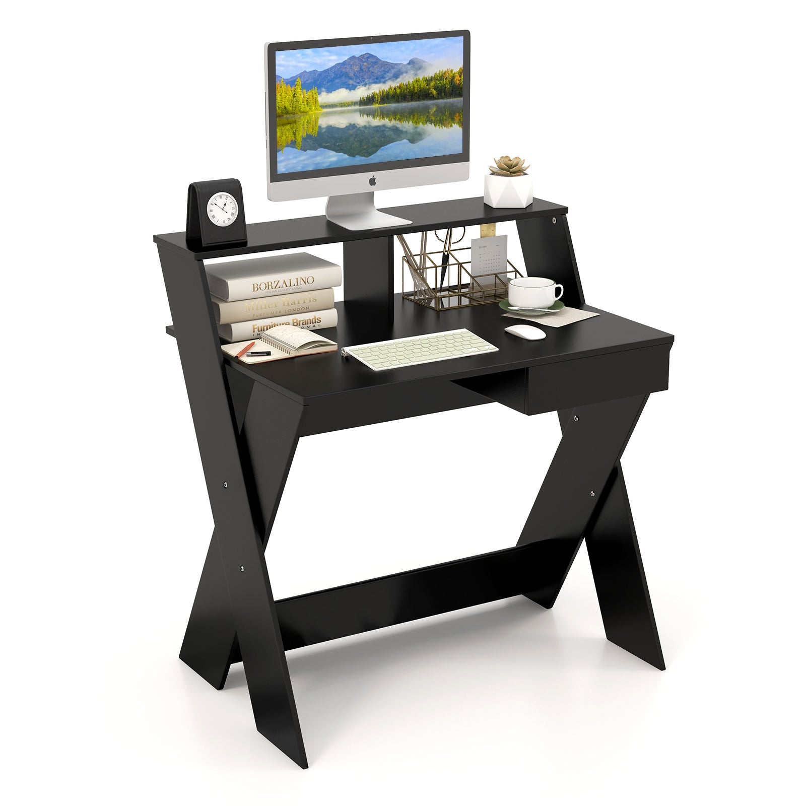 Desk with Storage Drawer - Spacious Computer Desk with Monitor Stand Riser in Sleek Black - Ideal for Home Office and Maximizing Workspace Efficiency