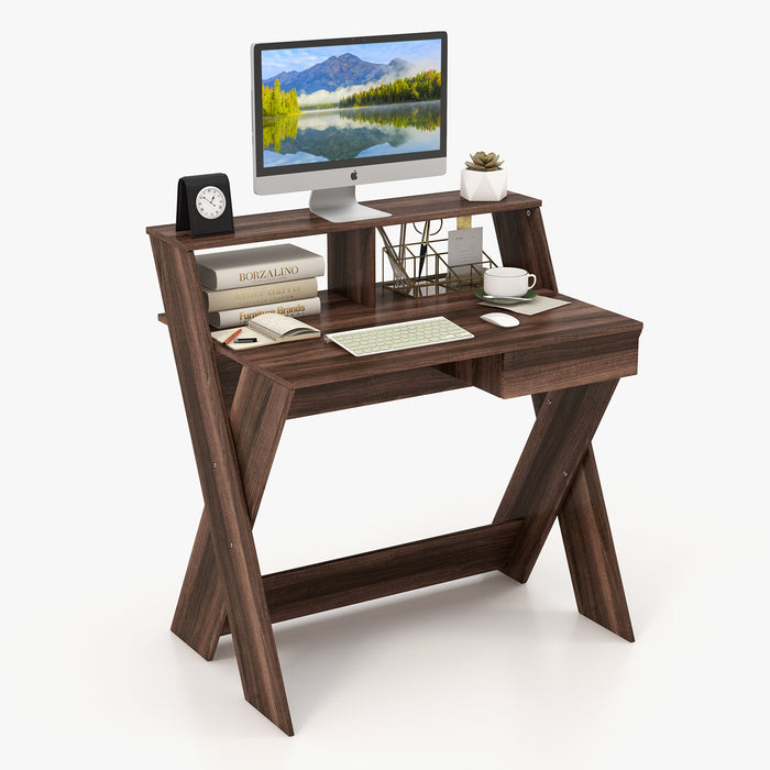 Desk with Storage Drawer - Spacious Computer Desk with Monitor Stand Riser in Sleek Black - Ideal for Home Office and Maximizing Workspace Efficiency
