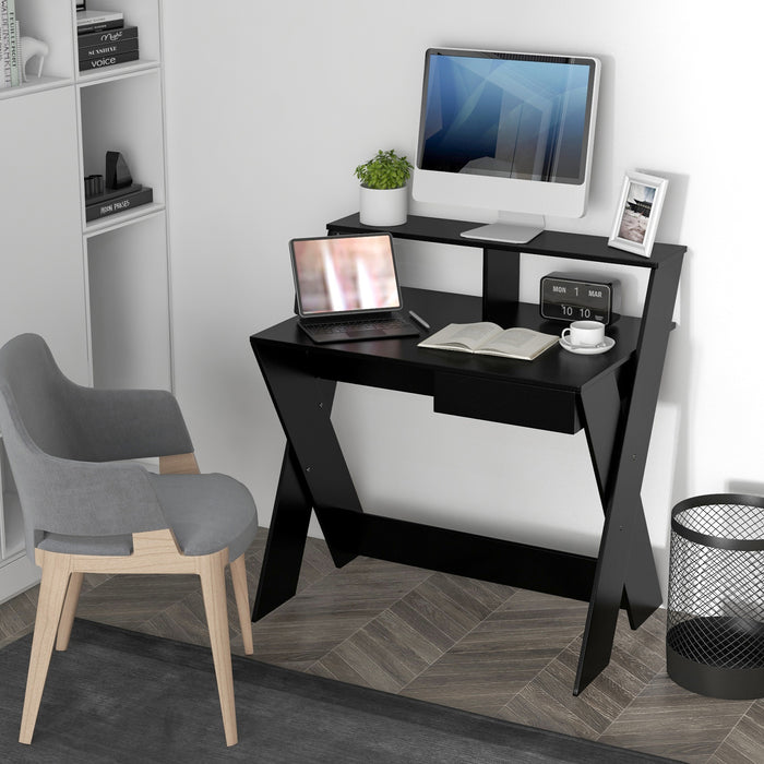 Desk with Storage Drawer - Spacious Computer Desk with Monitor Stand Riser in Sleek Black - Ideal for Home Office and Maximizing Workspace Efficiency