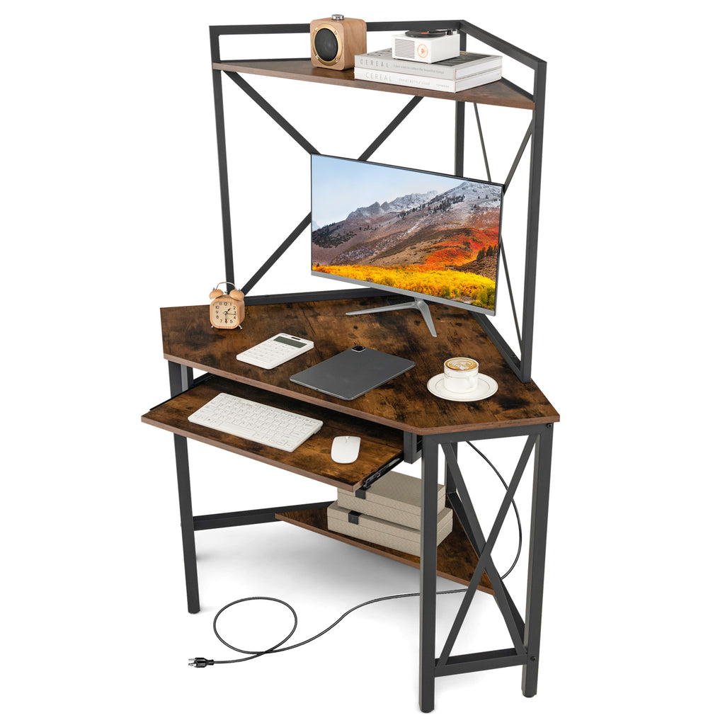 Desk with Hutch Corner Design - Computer Workstation with Storage Shelves and Keyboard Tray - Ideal for Space-saving Office Solutions