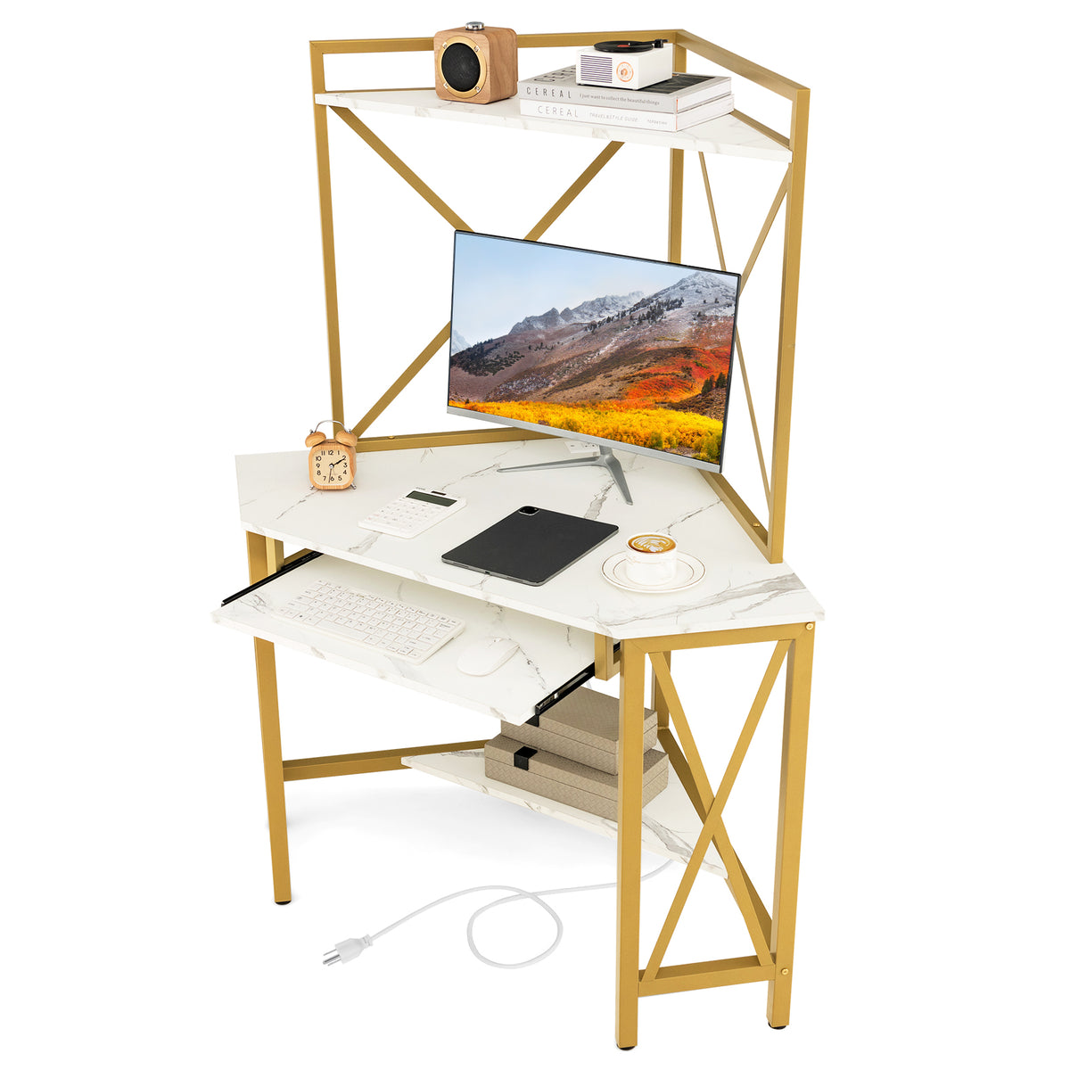 Desk with Hutch Corner Design - Computer Workstation with Storage Shelves and Keyboard Tray - Ideal for Space-saving Office Solutions