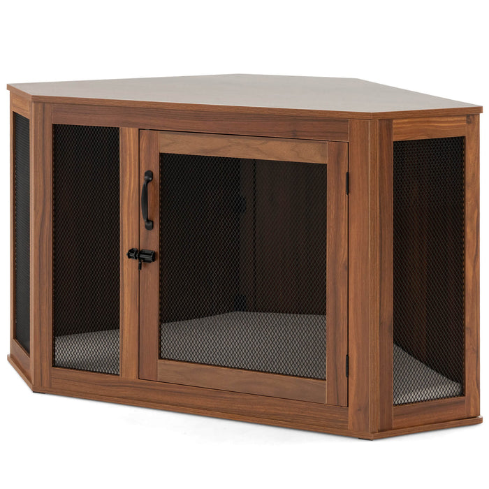 Dog Crate Furniture - Corner Design with Cushion in Brown - Ideal for Puppies Comfort & Space Saving Solution