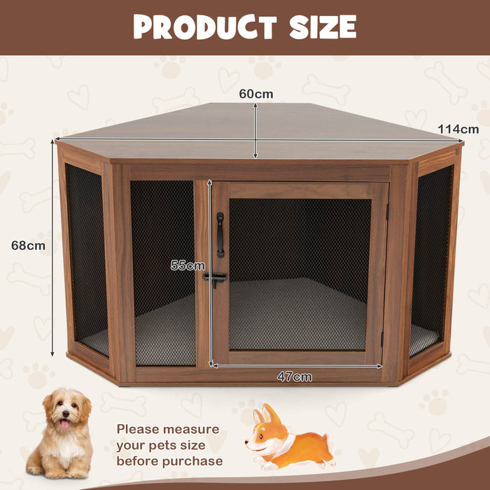 Dog Crate Furniture - Corner Design with Cushion in Brown - Ideal for Puppies Comfort & Space Saving Solution