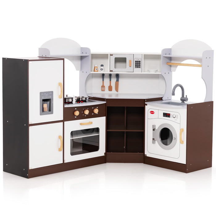 Wooden Play Kitchen - Features Corner Design, Lights, and Sounds - Ideal Playset for Toddlers