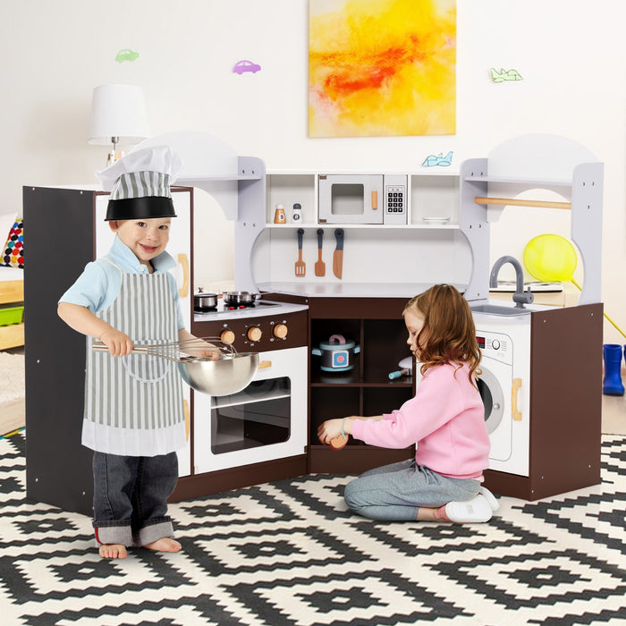 Wooden Play Kitchen - Features Corner Design, Lights, and Sounds - Ideal Playset for Toddlers