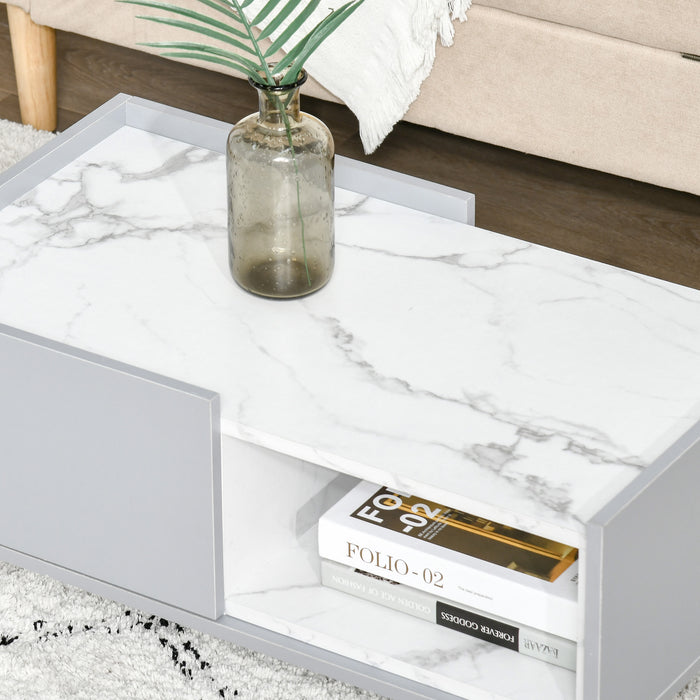 Duo Storage Two-Tone Coffee Table - Modern Marble Effect with Shelf and Drawer - Elegant Grey and White Side Table with Wooden Legs for Living Room