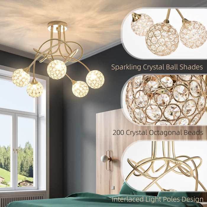 Crystal Chandelier - Contemporary 5-Lampshade Pendant Lighting Fixture with G9 Bulbs - Elegant Gold Tone Illumination for Living Rooms