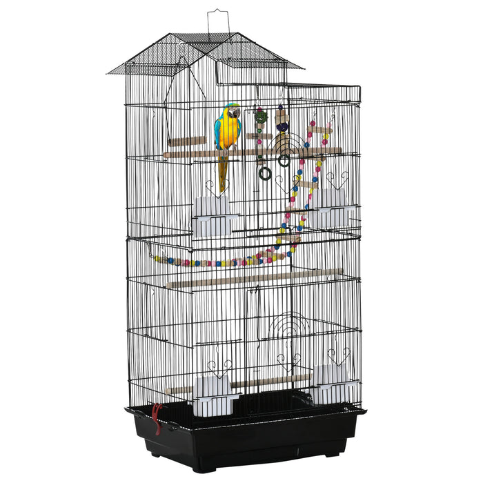 Aviary Home for Small Birds - Budgie, Finch, and Canary Cage with Perches, Toys, and Slide-Out Tray - Portable Design with Carrying Handle, 46x36x100cm, Elegant Black