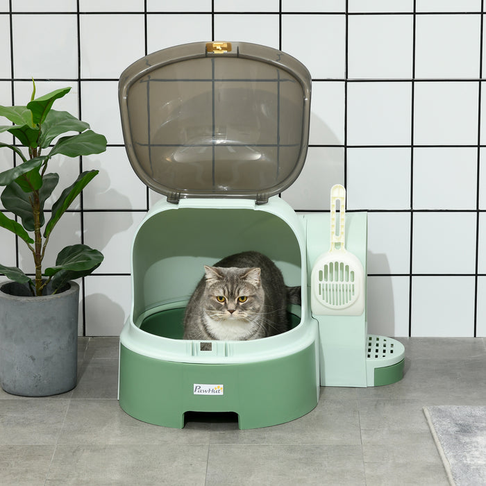 PP Cat Litter Box with Drawer - Easy-Clean Scoop & Openable Cover Design in Green - Ideal for Hassle-Free Pet Waste Management