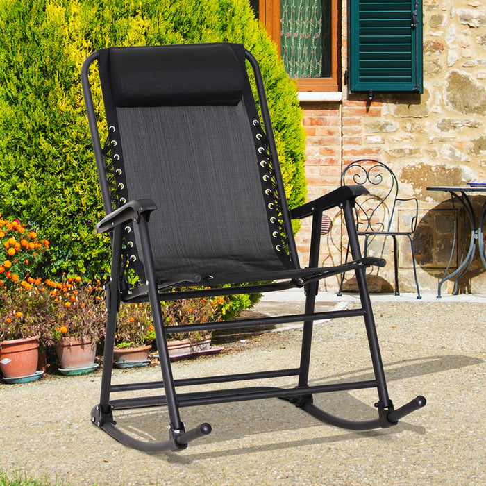 Outdoor Zero-Gravity Rocking Chair - Adjustable Folding Seat with Headrest for Comfort - Perfect for Patio, Deck, Camping, and Fishing, Black