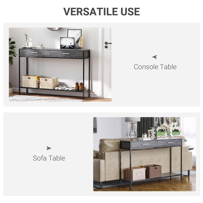 Industrial-Style Console Table with Storage - Grey Wood Tone Effect, Two Drawers, and Bottom Shelf - Elegant Addition for Home Organization and Decor