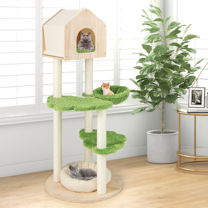Wooden Cat Tree with Sisal Posts - Multi-Tiered Play and Rest Structure - Ideal for Cats' Scratching and Climbing Needs