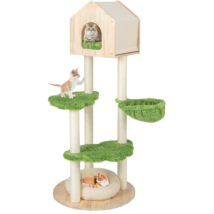 Wooden Cat Tree with Sisal Posts - Multi-Tiered Play and Rest Structure - Ideal for Cats' Scratching and Climbing Needs