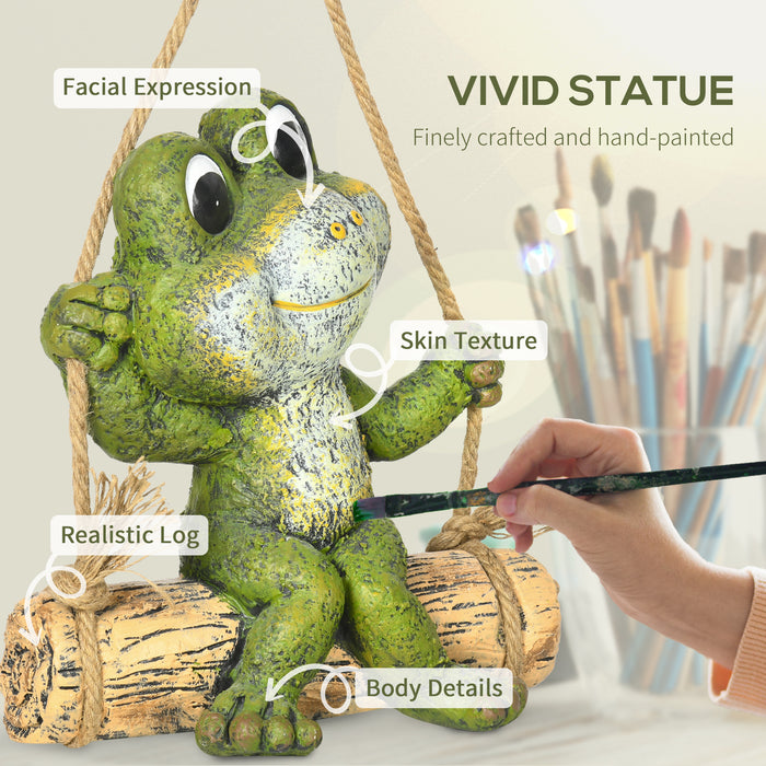 Vivid Frog on Swing Hanging Garden Statue - Artistic Outdoor Sculpture in Green - Charming Home Decor and Garden Enhancement