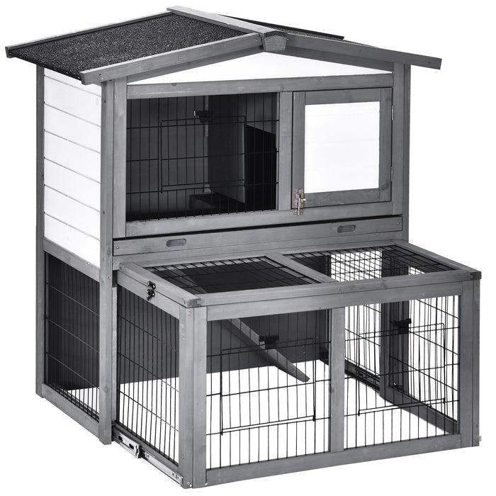 Wooden 2-Tier Rabbit Hutch with Ramp - Small Animal Cage with Slide-Out Tray and Openable Roof, Outdoor Run - Ideal for Rabbits and Small Pets, Grey, 101.5 x 90 x 100 cm