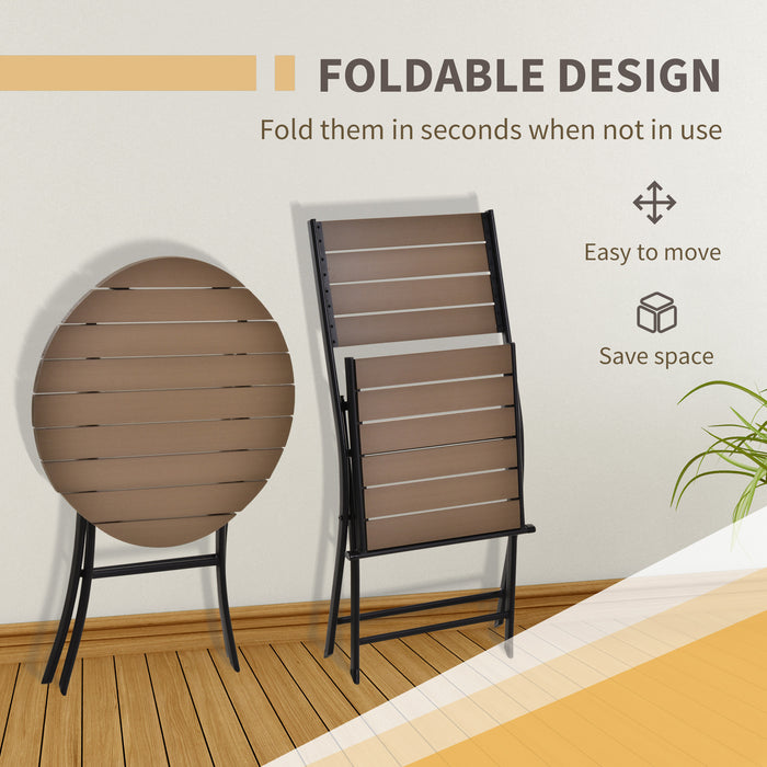 3-Piece Folding Bistro Dining Set - Metal Frame with Slatted Plastic Panels, Compact Design for Garden & Outdoors - Ideal for Apartment Balconies, Black & Brown Combination