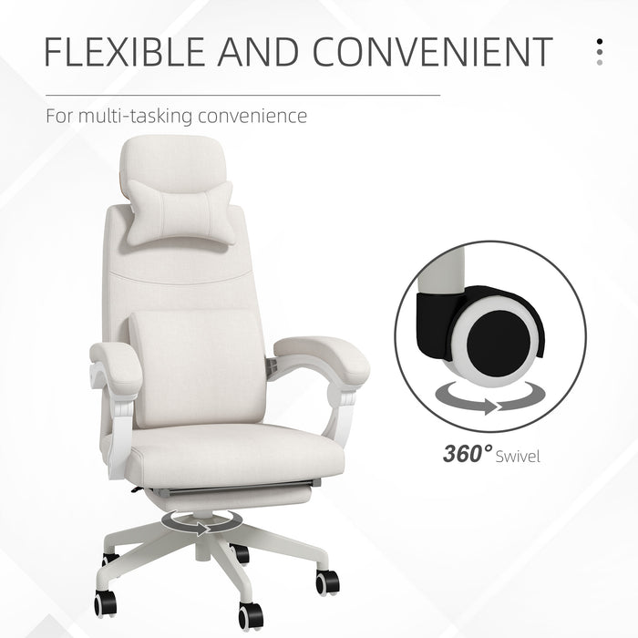 Ergonomic High Back Reclining Office Chair - Lumbar Support, Adjustable Height, Swivel with Footrest in White - Ideal for Long Working Hours and Comfort Seating