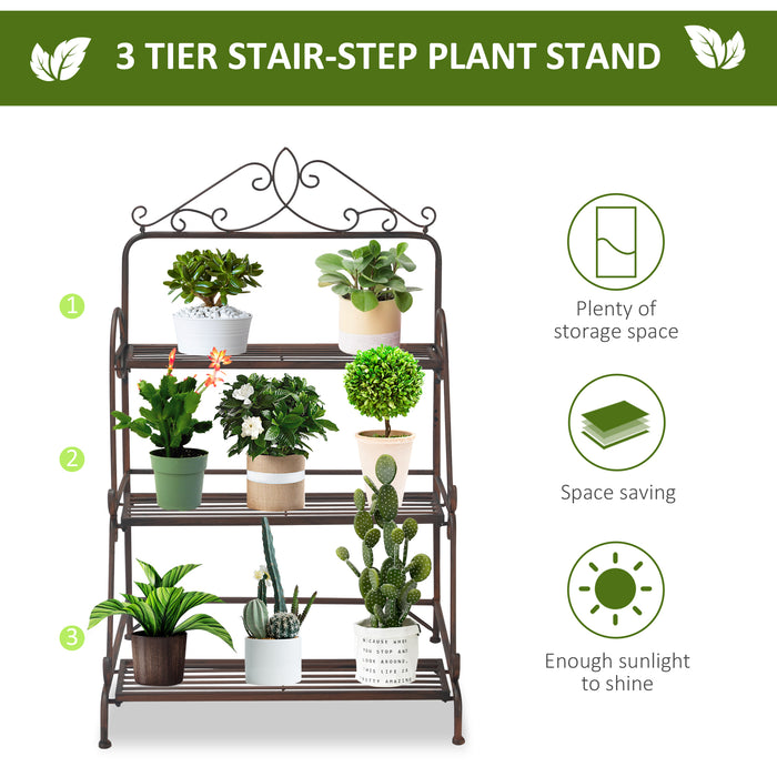 3 Tier Stair Style Metal Plant Stand - Flower Pot Display Shelf and Storage Organizer - Enhances Indoor & Outdoor Patio, Balcony, and Yard Spaces