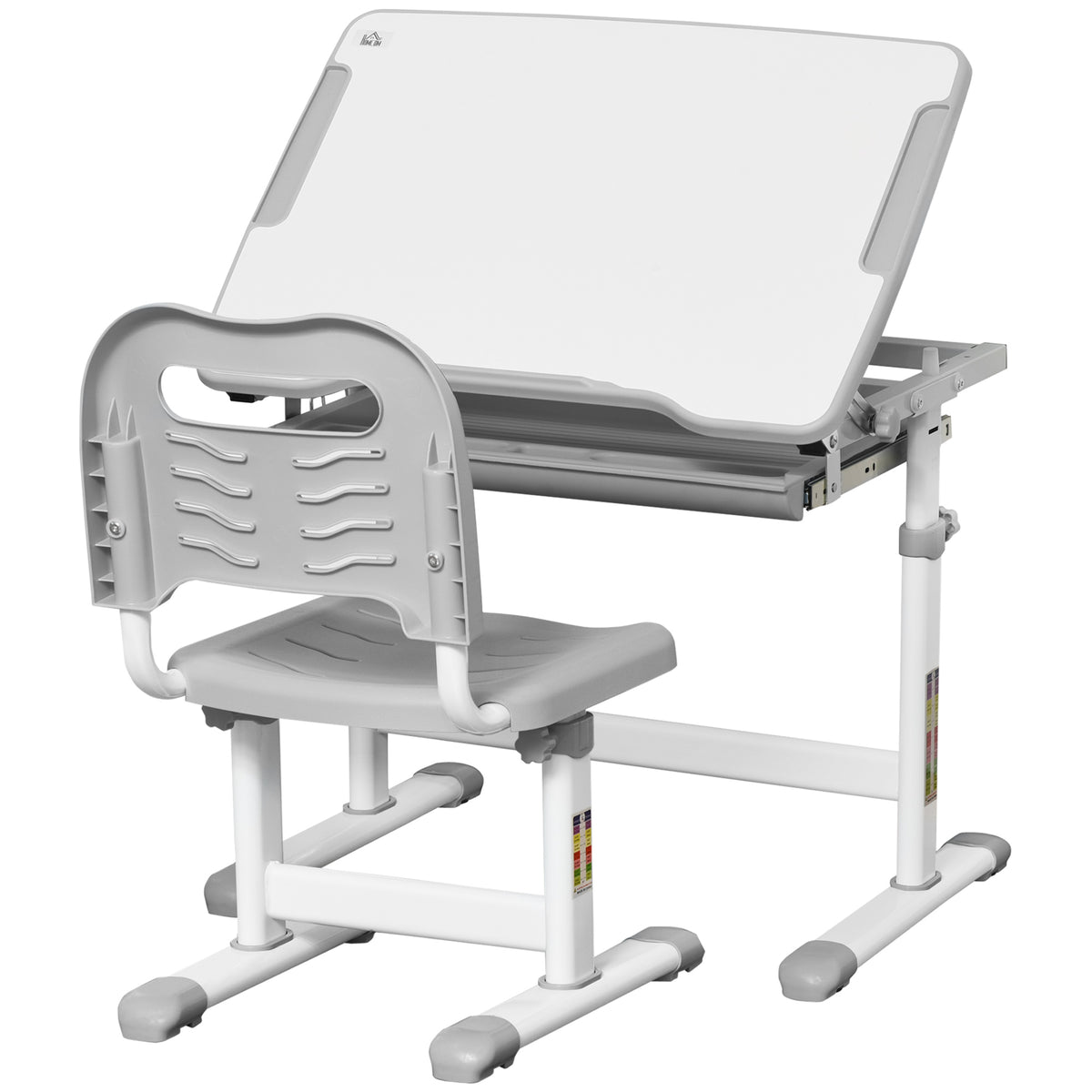Adjustable Kids Desk & Chair Set - Ergonomic Student Writing and Study Table with Tilting Desktop, Grey - Ideal for Homework and Art Projects