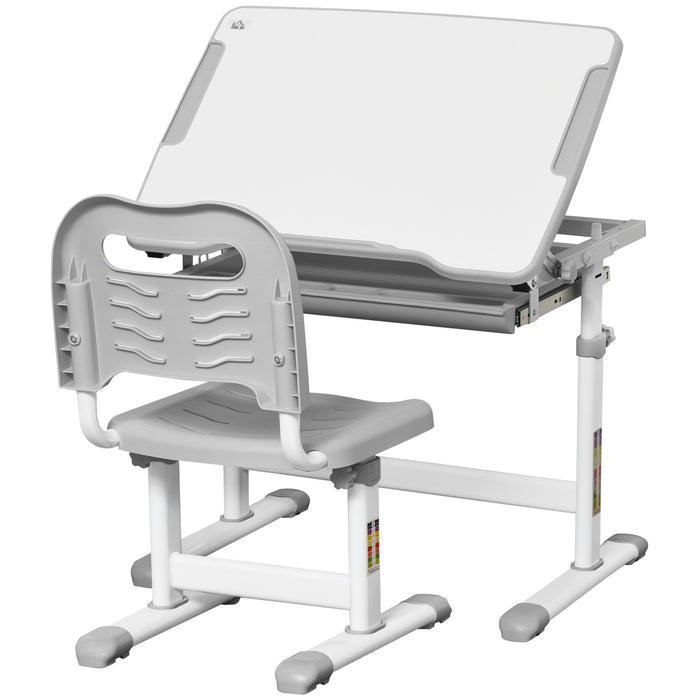 Adjustable Kids Desk & Chair Set - Ergonomic Student Writing and Study Table with Tilting Desktop, Grey - Ideal for Homework and Art Projects