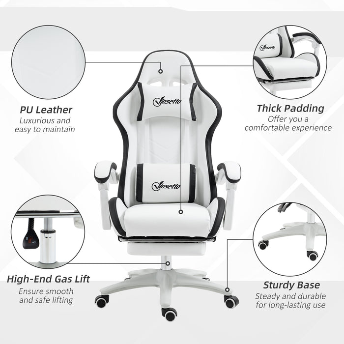 Racing Gaming Chair with 360° Swivel - Reclining PU Leather Computer Chair, Footrest & Removable Headrest in White and Black - Designed for Gamers and Home Office Comfort