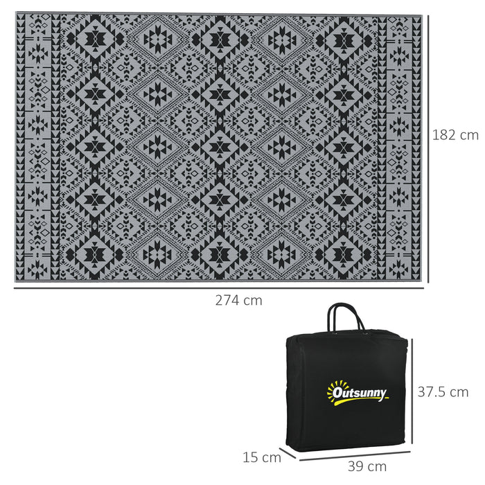 Reversible Outdoor RV Mat with Carry Bag - Durable Plastic Straw Weave, Black and Grey, 182x274cm - Ideal for Camping, Picnics & Patio Use
