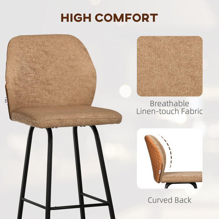Linen-Touch Upholstered Bar Chairs Set of 2 - Kitchen Bar Stools with Backs and Sturdy Steel Legs in Light Brown - Ideal for Home Bar and Kitchen Island Seating