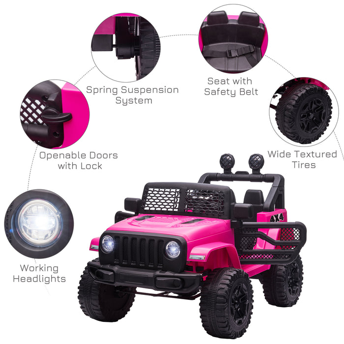 12V Electric Ride-On Car with 2 Motors - Off-Road Truck for Kids with Suspension and Lights - Pink Toy Vehicle with Parental Remote Control and Horn