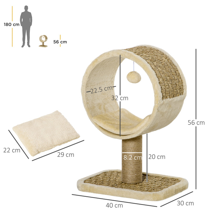 Indoor Cat Entertainment Oasis - Compact 56cm Cat Tree with Scratching Post, Play Tunnel & Hanging Ball - Perfect Play Structure for Kittens & Small Cats with Cozy Cushion, Beige