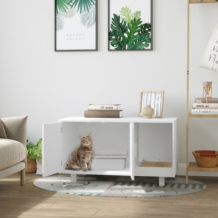 Wooden Cat Litter Box Enclosure - Multi-Functional Litter Box House with Scratching Pad and Magnetic Door - Stylish Nightstand for Cat Privacy and Home Decor