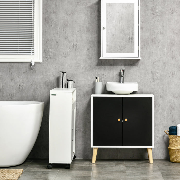 Under-Sink Cabinet with Adjustable Shelf - Modern Bathroom Storage Solution with Solid Wood Legs - Sleek Black and White Design for Home Organization