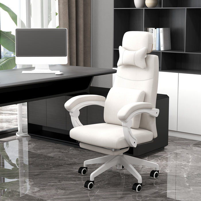 Ergonomic High Back Reclining Office Chair - Lumbar Support, Adjustable Height, Swivel with Footrest in White - Ideal for Long Working Hours and Comfort Seating