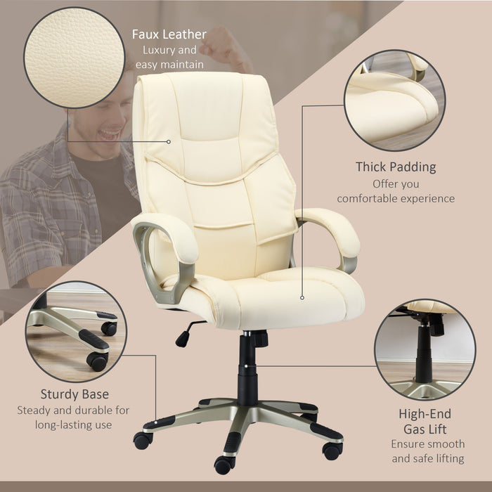 Ergonomic Faux Leather High-Back Office Chair - Adjustable Height, Rocking Feature, Computer Desk Seating in Cream White - Ideal for Home Office Comfort and Style