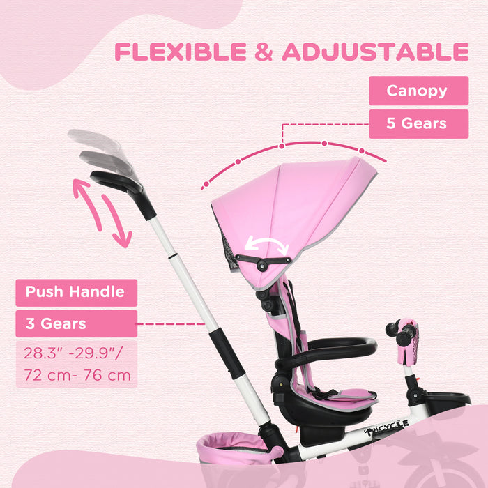 7-in-1 Convertible Kids Tricycle - Rotatable Seat, Safety Harness, Adjustable Push Handle, Detachable Canopy - Versatile Trike for Toddlers with Semi-Reclining Footrest in Pink