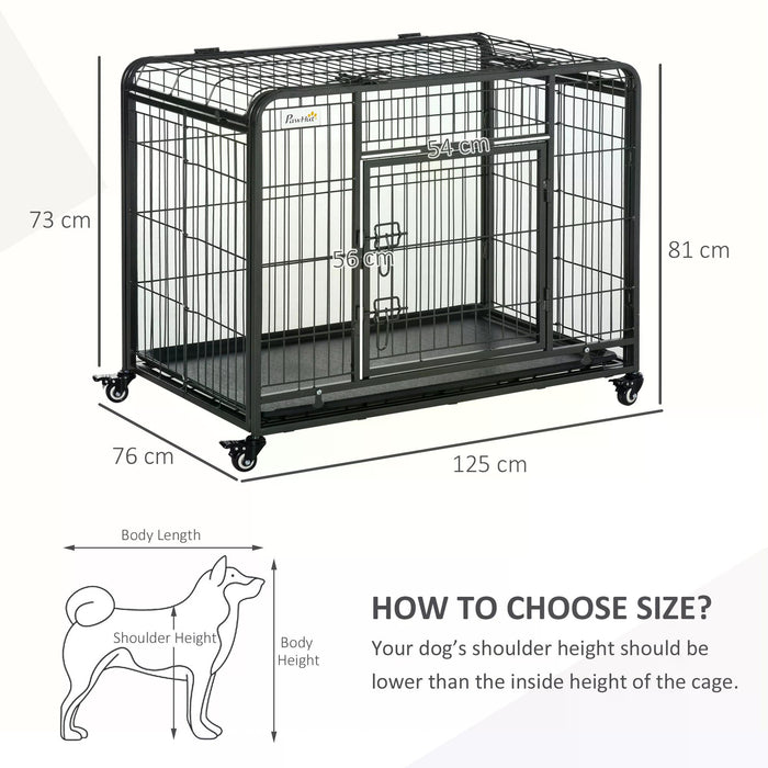 Heavy Duty Foldable Dog Kennel 125x76x81cm - Metal Pet Cage with Double Doors, Removable Tray, Lockable Wheels - Secure and Spacious Playpen for Dogs