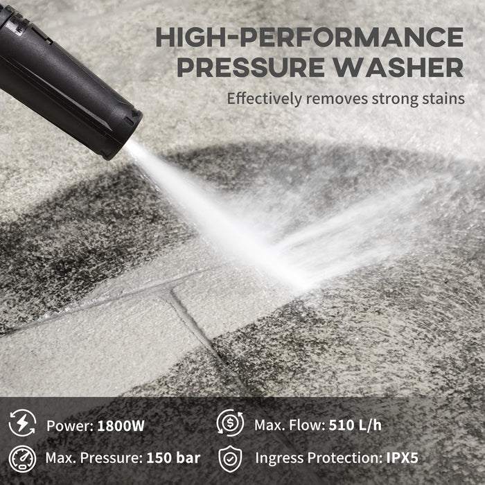 150 Bar High-Pressure Washer - 1800W Portable Power Jet Wash Cleaner, 510 L/h Flow - Ideal for Intense Cleaning Tasks & Outdoor Use